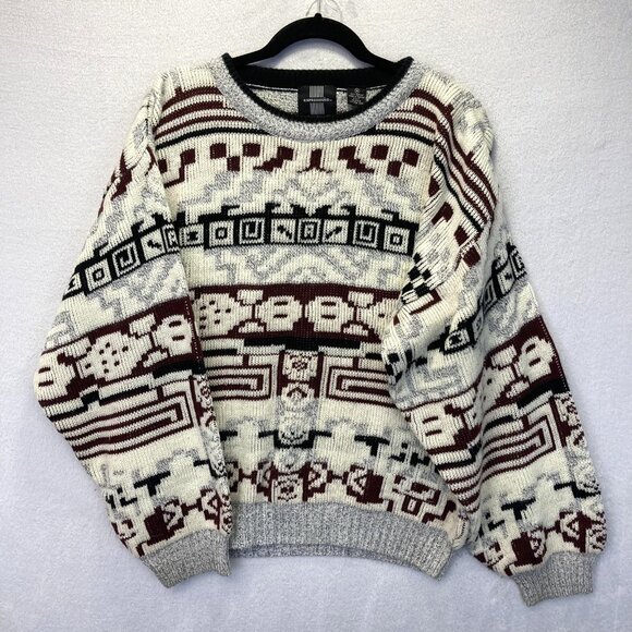Vintage 90s Geometric Knit Sweater Mens Medium Cream Burgundy Ski Cabincore Crew - Picture 1 of 16